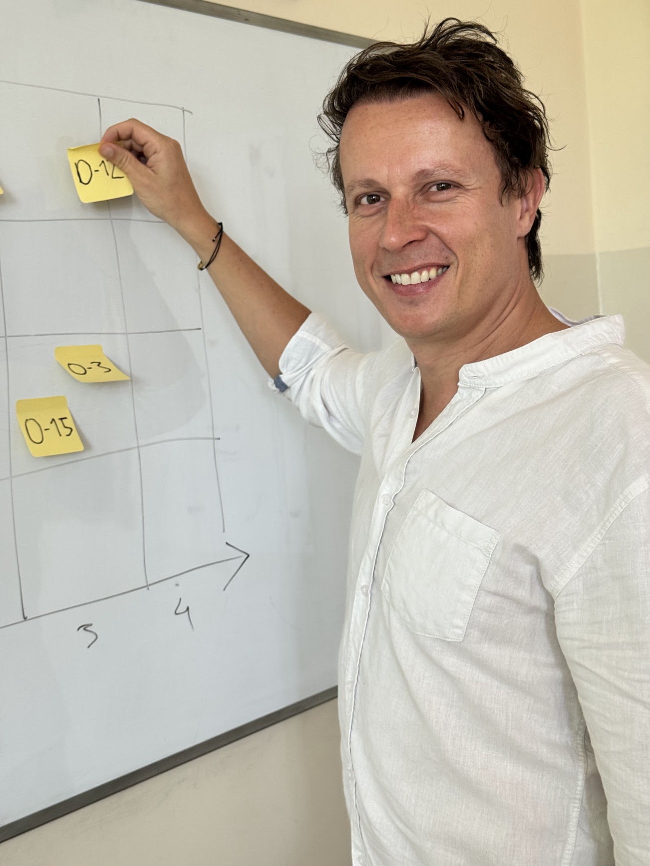 Matt Leta teaching at whiteboard with sticky notes